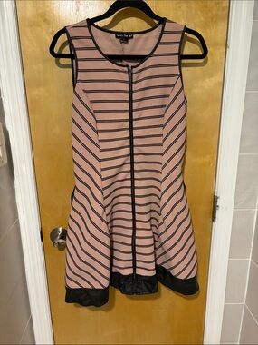 Pink and Black Striped A-Line Dress with Front Zip and Pockets